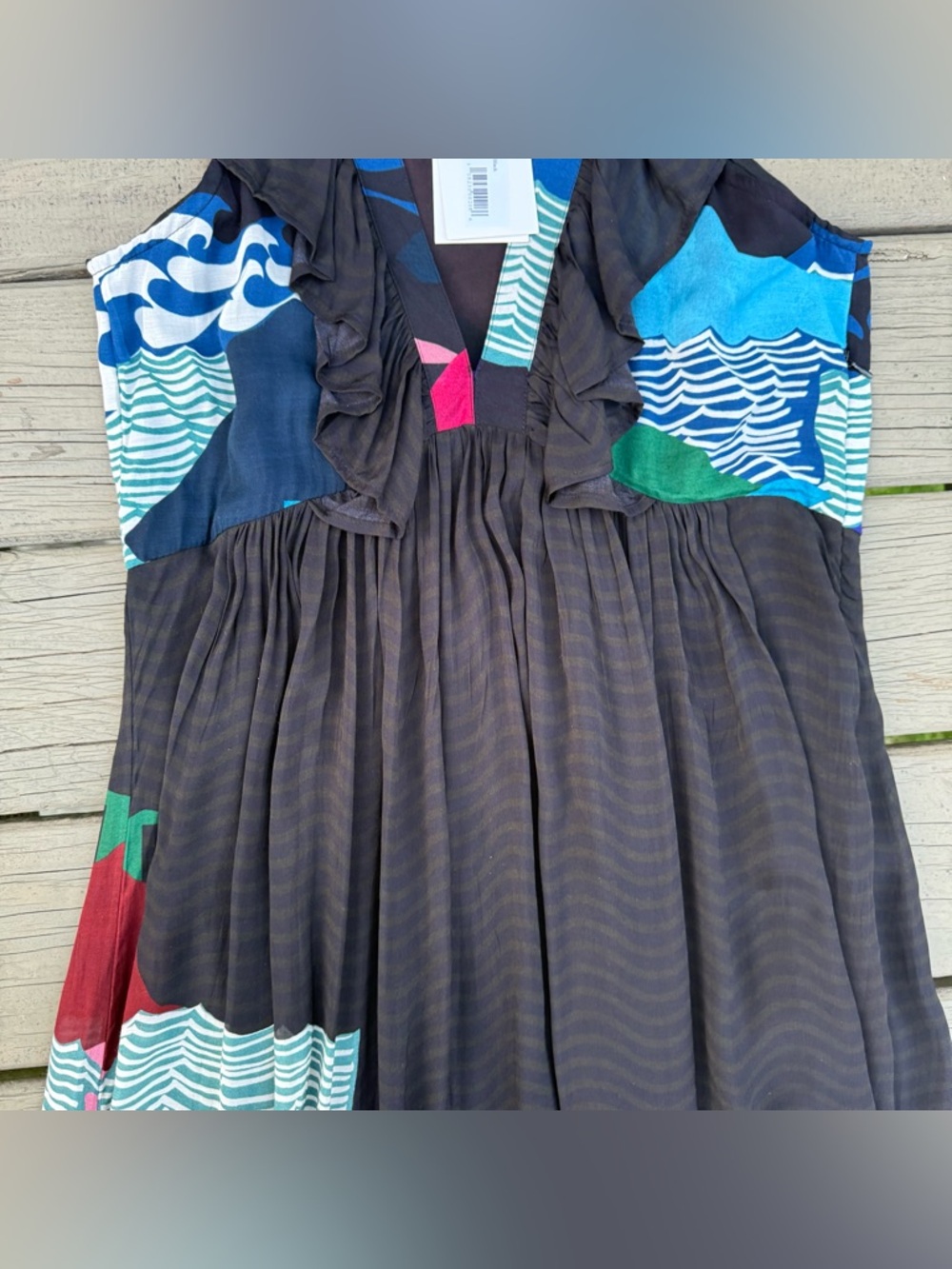 NWT Oliphant Ruffle V-Neck Maxi Dress in Pacifica Waves Print Size M - Picture 5 of 15